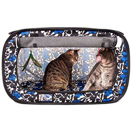 CHEERING PET, Cat Travel Cage, Portable Cat Condo, Collapsible Litter Box, Foldable Feeding Bowl, Hanging Feather Teaser and Ball, Carrying Bag, Extra Large 32" X 19" X 19" (Floral) - Thumbnail 5