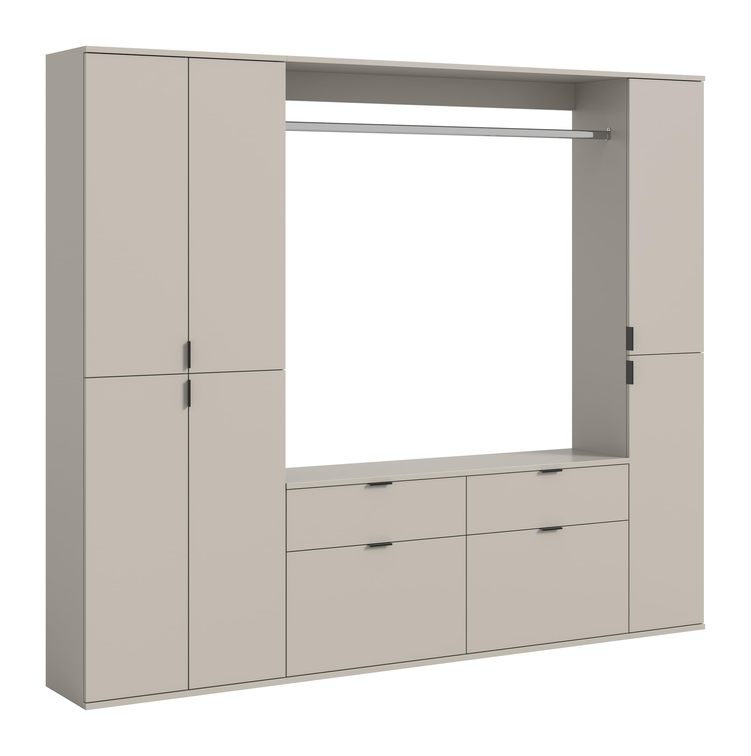 xonox.home – 3 TLG. Garderobenkombination Projekt X 212x193x34 cm in Kaschmir Melamin – Set mit breitem Hochschrank, breiter Kommode & Wandboard – Großzügige Schrankkombination für die ganze Familie