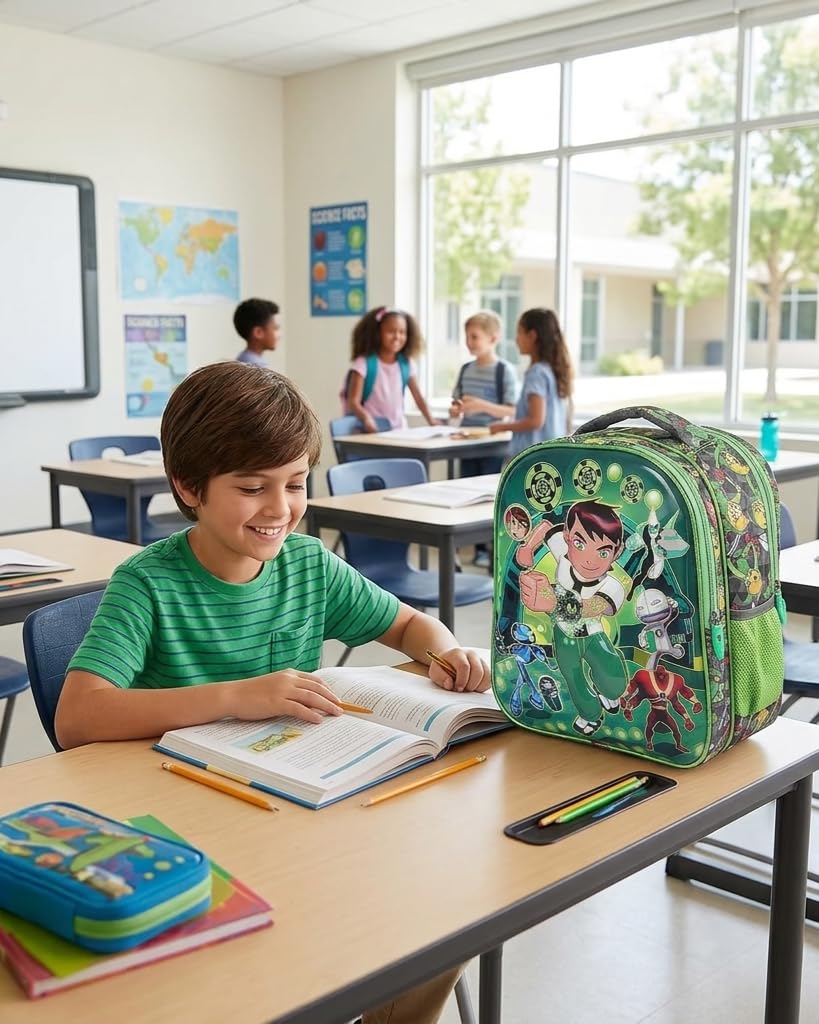Stylbase 2 Compartments 3D School Bag for Boys and Girls Cartoon Printed Waterproof Backpack Bag Ideal for Small Kids Bag UKG Nursery 1st Class 5-7 Years 14 Inches, 20 liters, Green 2