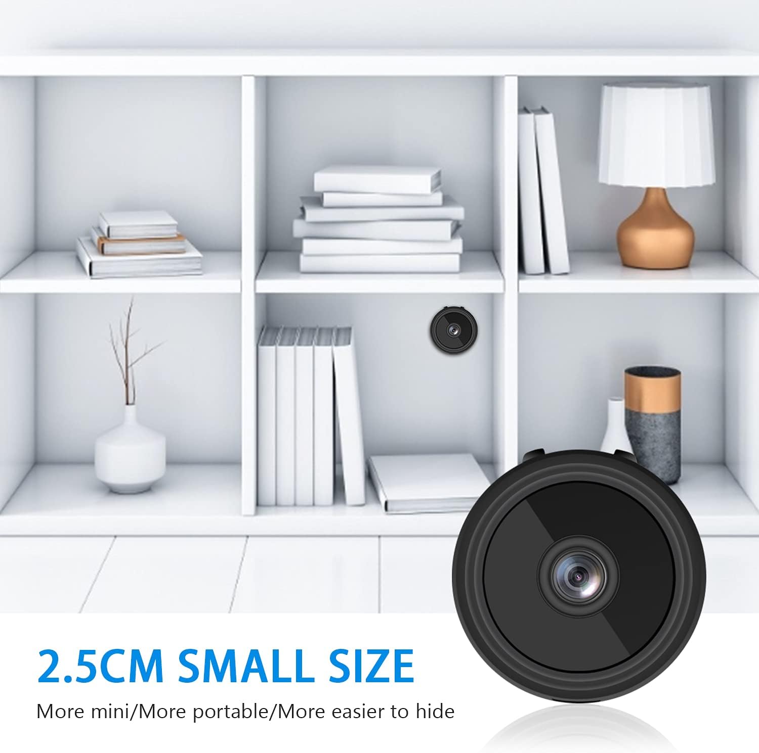 Small camera discreetly placed on a bookshelf, highlighting its compact size for hidden surveillance