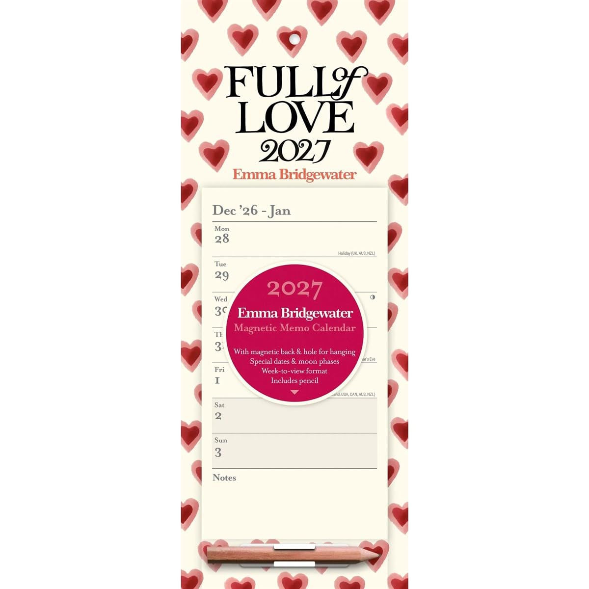 Carousel Worldwide Emma Bridgewater Big Pink Hearts 2027 Month-to-View Magnetic Calendar, 12-Month Calendar, Signature Heart Pattern