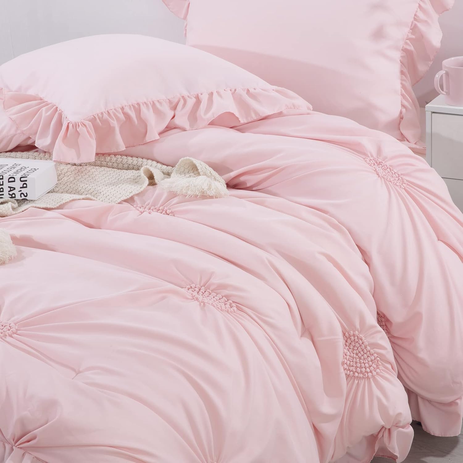 HOMBYS Pink Bedding Comforter Set for Girls, 3 Piece Blush Pinch Pleat Comforter Set with Ruffles for All Season,Twin Size - Image 3