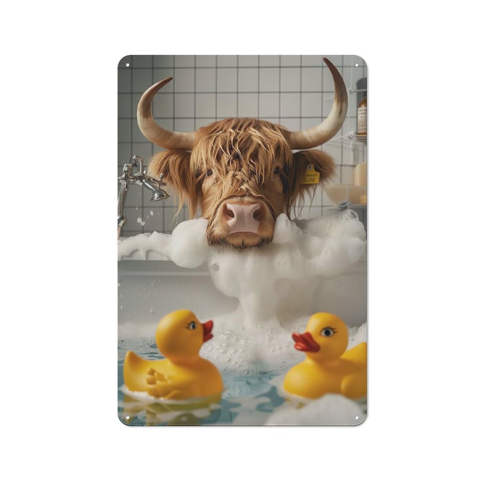 Junmoney Style-15 Tin Sign 30X20cm With Highland Cow On Bathtub For Garage Wall, Retro-Style Decor, For Room Styling Across Garages And Workshops