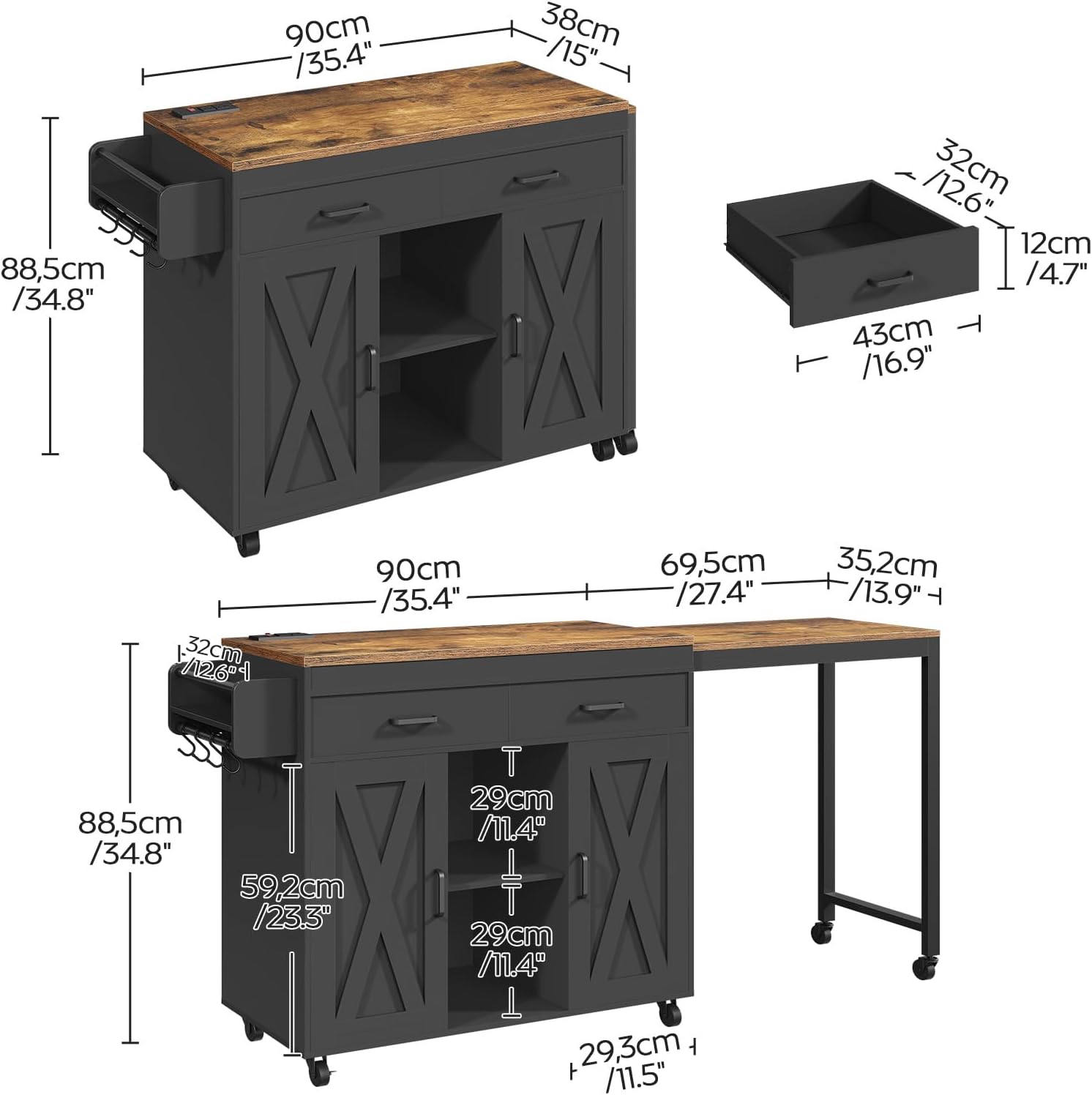 YATINEY Extendable Kitchen Island, Mobile Kitchen Cart, Multifunctional Island Table with Charging Station, Large Drawers, Spice Rack, Black and Rustic Brown ZD03UBR