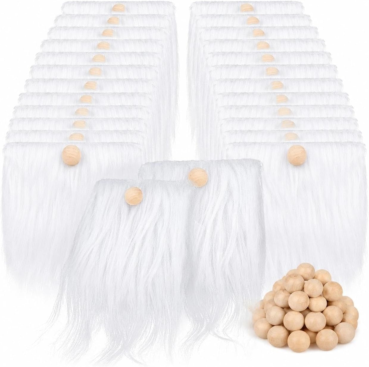 LUOZZY 48Pcs Gnomes Beard Faux Fur Pre-Cut Gnome Beards for Crafting with Wood Balls for Handmade DIY Christmas Party Favors