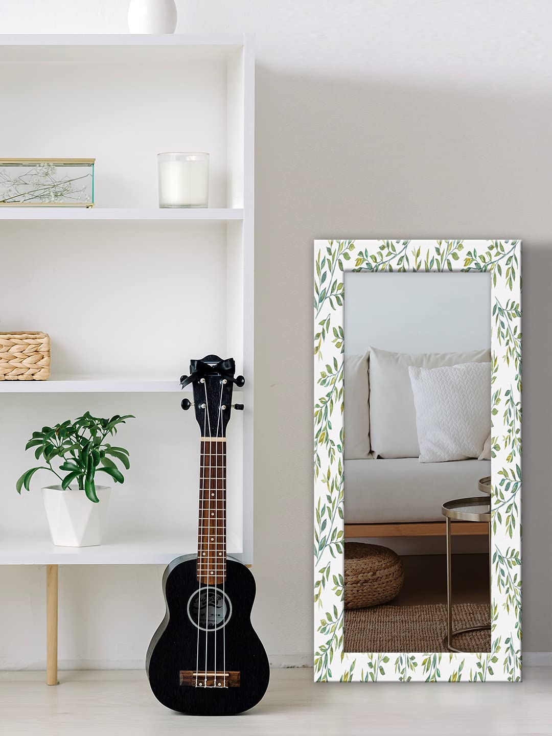 999STORE Printed Mirror Frames Hanging Mirror for Bedroom White Green Leaves Pattern Large Long Big Full Length Mirror (MDF_24X48 Inches) Mirror24X48218