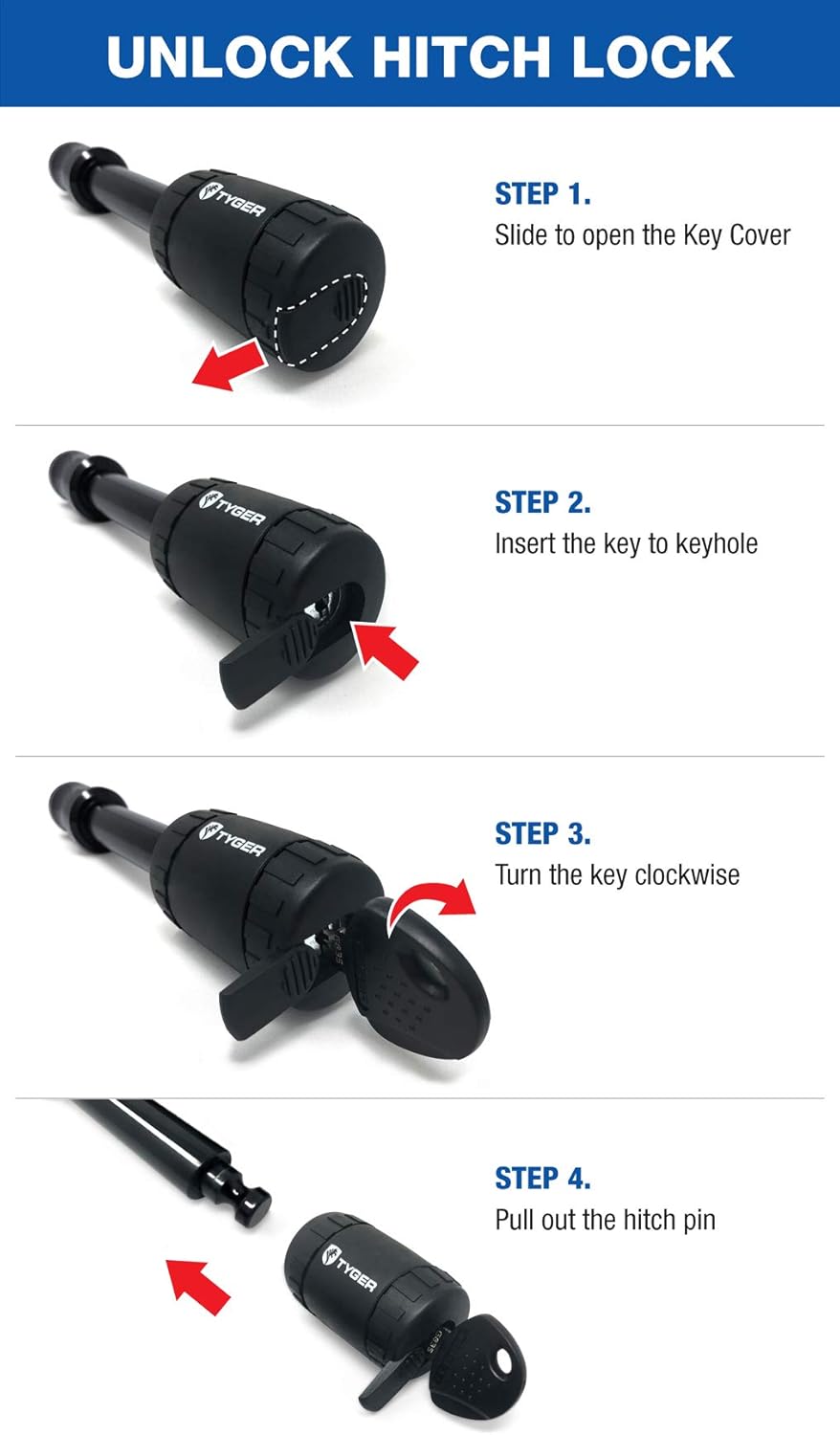 Tyger Solid Black Hitch Pin Lock with Key fits 5/8inch Pin Holes on 2inch Hitch Receiver | Load Rating 12,000 Lbs Hitch Lock : Automotive