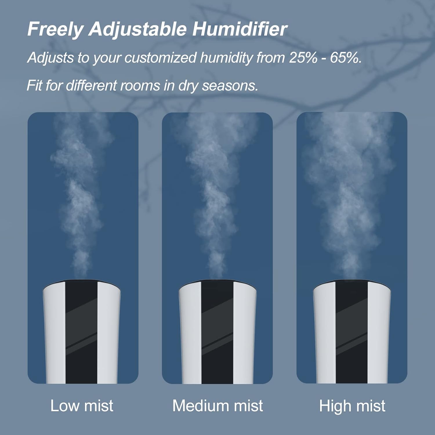 Three mist output levels: Low, Medium, High