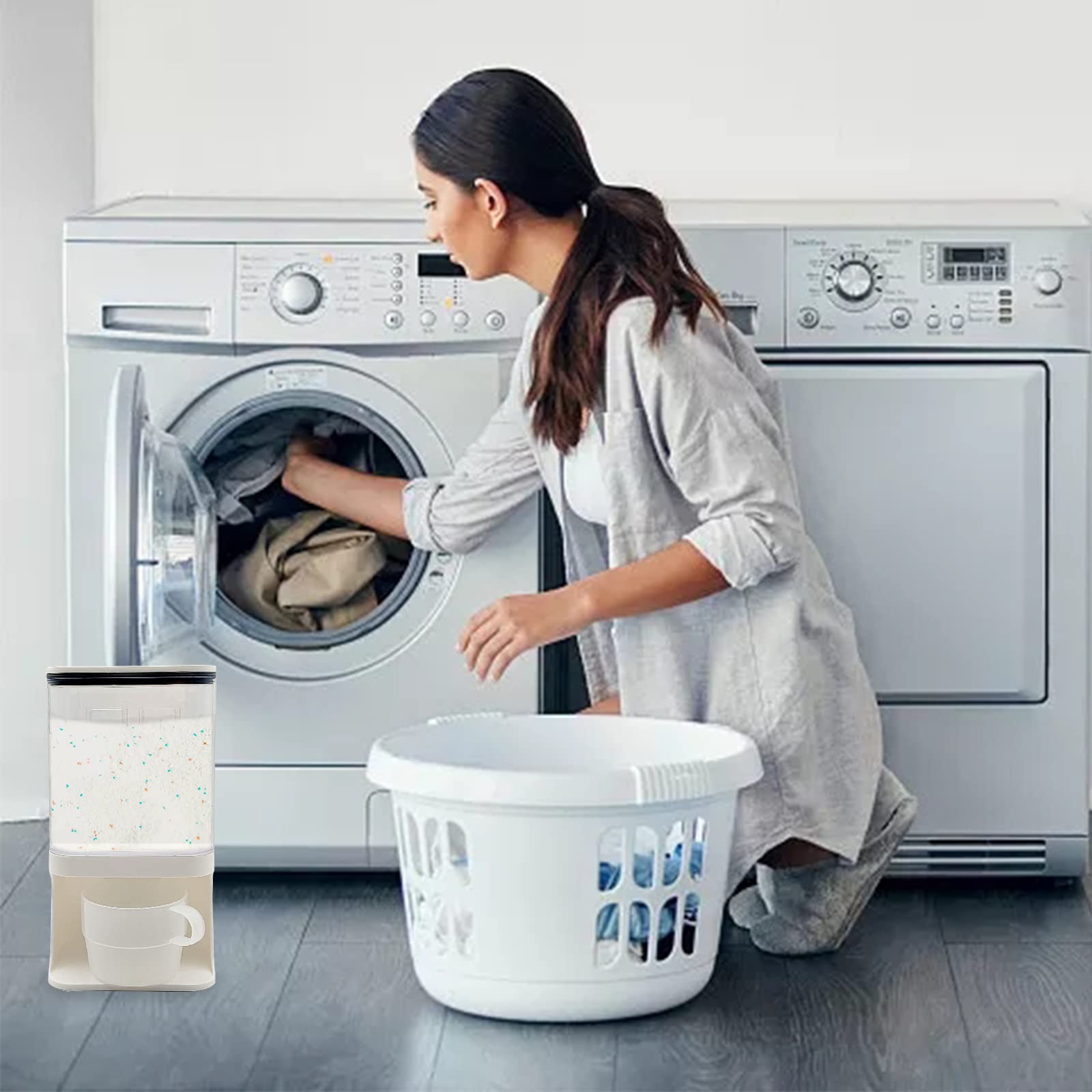 Dispensador de detergente para cuarto de lavado, dispensador de detergente para ropa de pared con soporte para tazas de espiga, adecuado para perlas de jabón, potenciadores de aroma de arroz