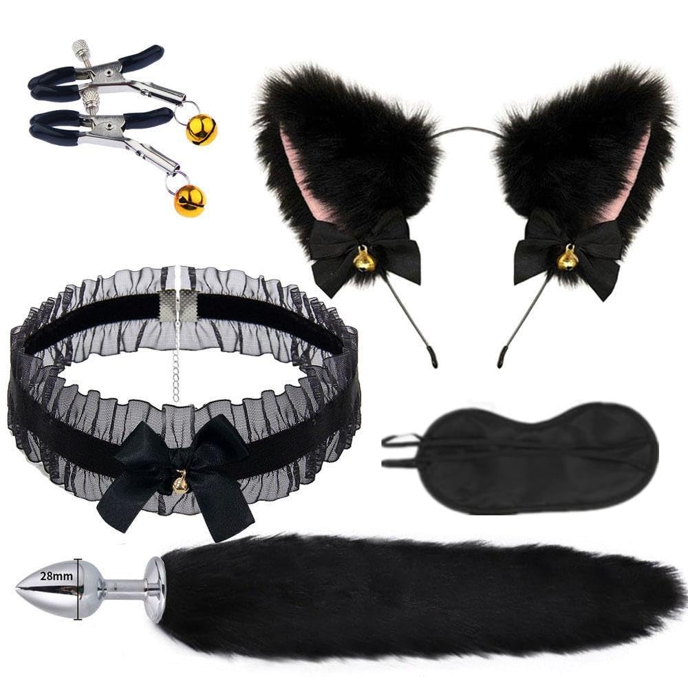 SMコスプレ アナルプラグ 尻尾 首輪 人間 sm 乳首クリップ 鈴 乳首攻め アダルトグッズ猫耳 カチューシャ レディース チョーカー女性 あなるぷらぐ 開発 初心者 アナル拡張乳首開発 乳首責め あだるとグッズアイマスク付け (ブラック)