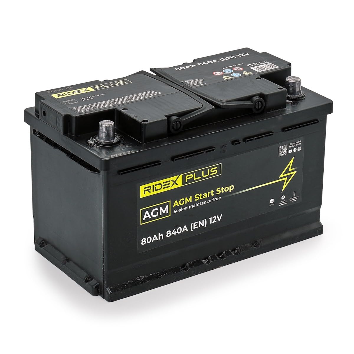 RIDEX PLUS 1S0013P AGM Start-Stop Batería Coche 80Ah 840A 12V B13 DIN/ISO L4 Baterías de Arranque de 75Ah 70Ah Compatible con VW Transporter T5 Furgoneta 7HA, 7HH, 7EA, 7EH Tiguan II AD1, AX1