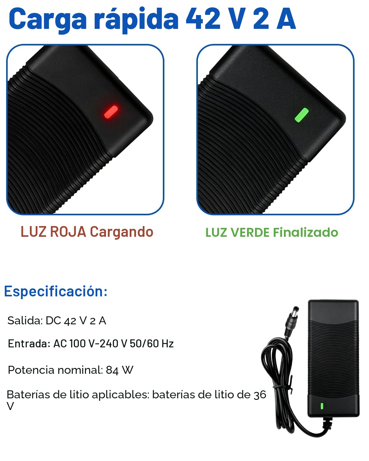 Cargador Patinete Eléctrico 42V 2A Universal 5 Conectores Batería 36V Scooter M365