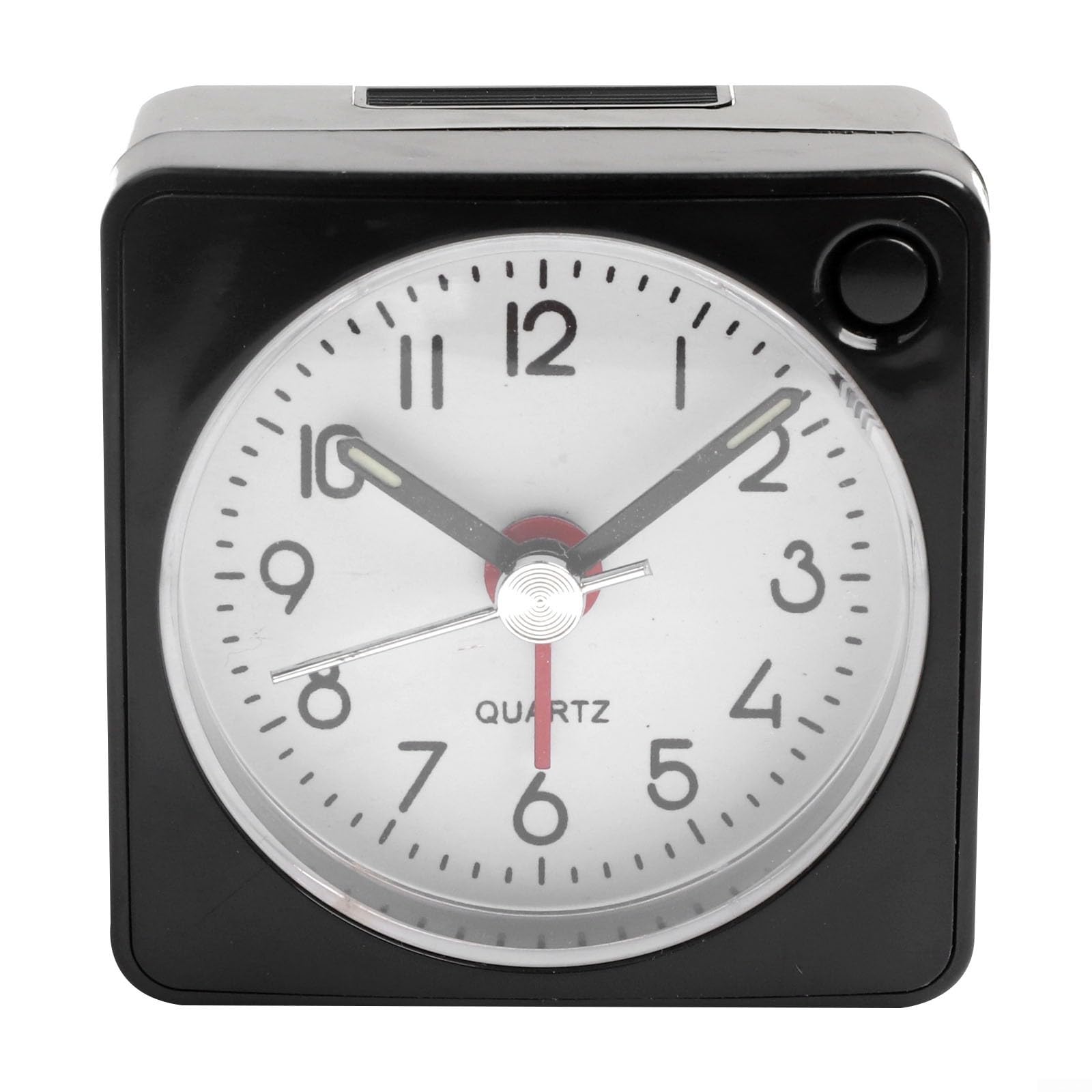 Compact travel alarm clock with mute quartz movement, snooze and light functions, silent second scanning, lightweight design perfect for travel and outdoor activities