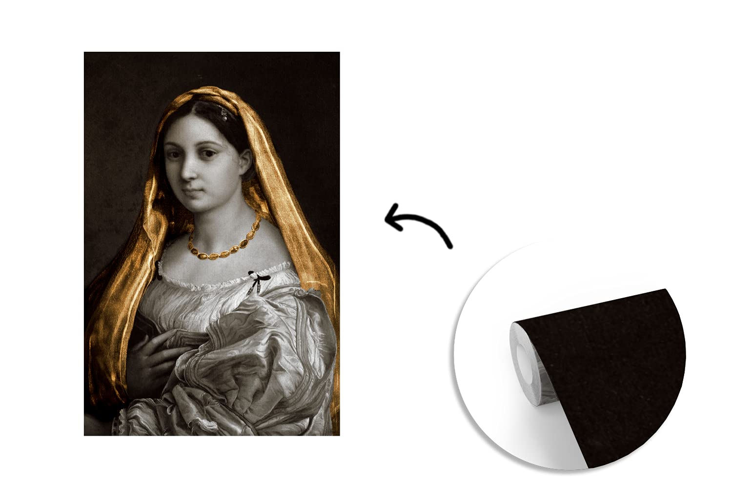 Selbstklebend Tapete Wandpapier Wandaufkleber Fototapete Tapeten Wanddeko 155x240 cm Die verschleierte Frau - Raffaello Sanzio - Gold