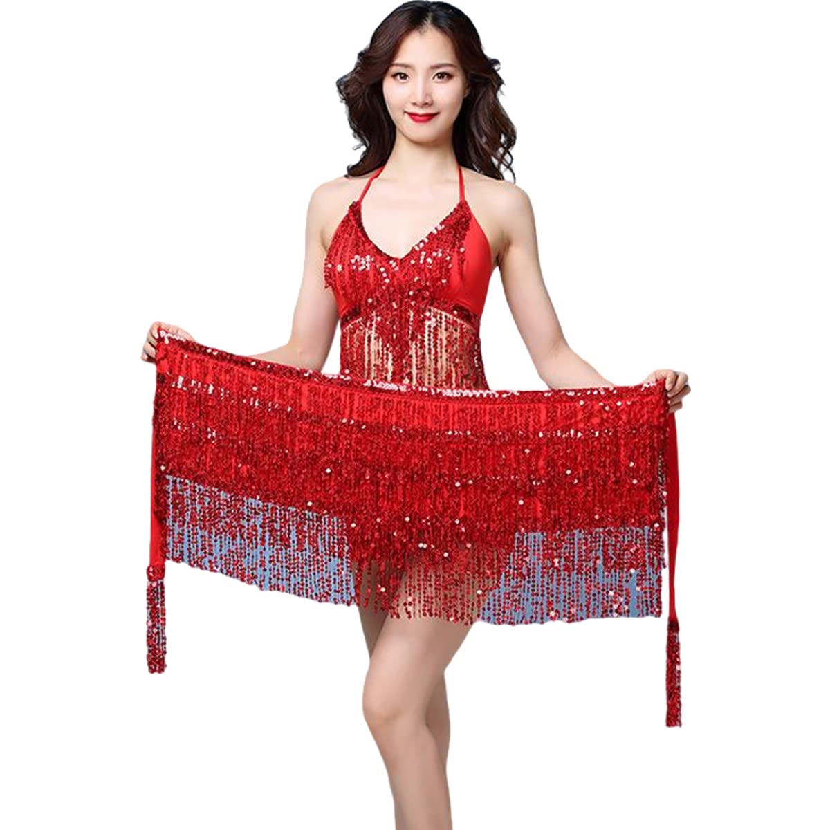 SamHeng Bufanda de cadera de falda de danza del vientre, Lente de lentejuelas del vientre de baile dance cinturón de cadera latín danza danza hula traje de performance de bufanda para mujeres chicas