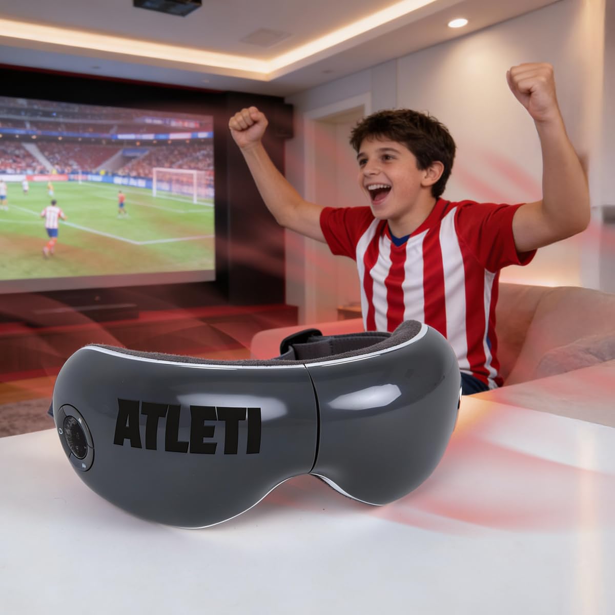 ATLETICO MADRID® | VISION Gafas de masaje oficiales del ATLETICO MADRID I Masajeador de ojos y cara plegable con vibromasaje I Presoterapia I Calor I Altavoces integrados
