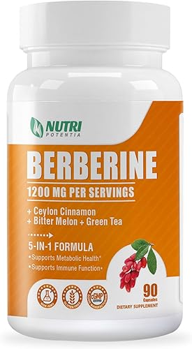 Suplemento de berberina de 1200 mg - Complejo de berberina con canela de Ceilán, melón amargo y extracto de té verde, apoya la salud metabólica, sin