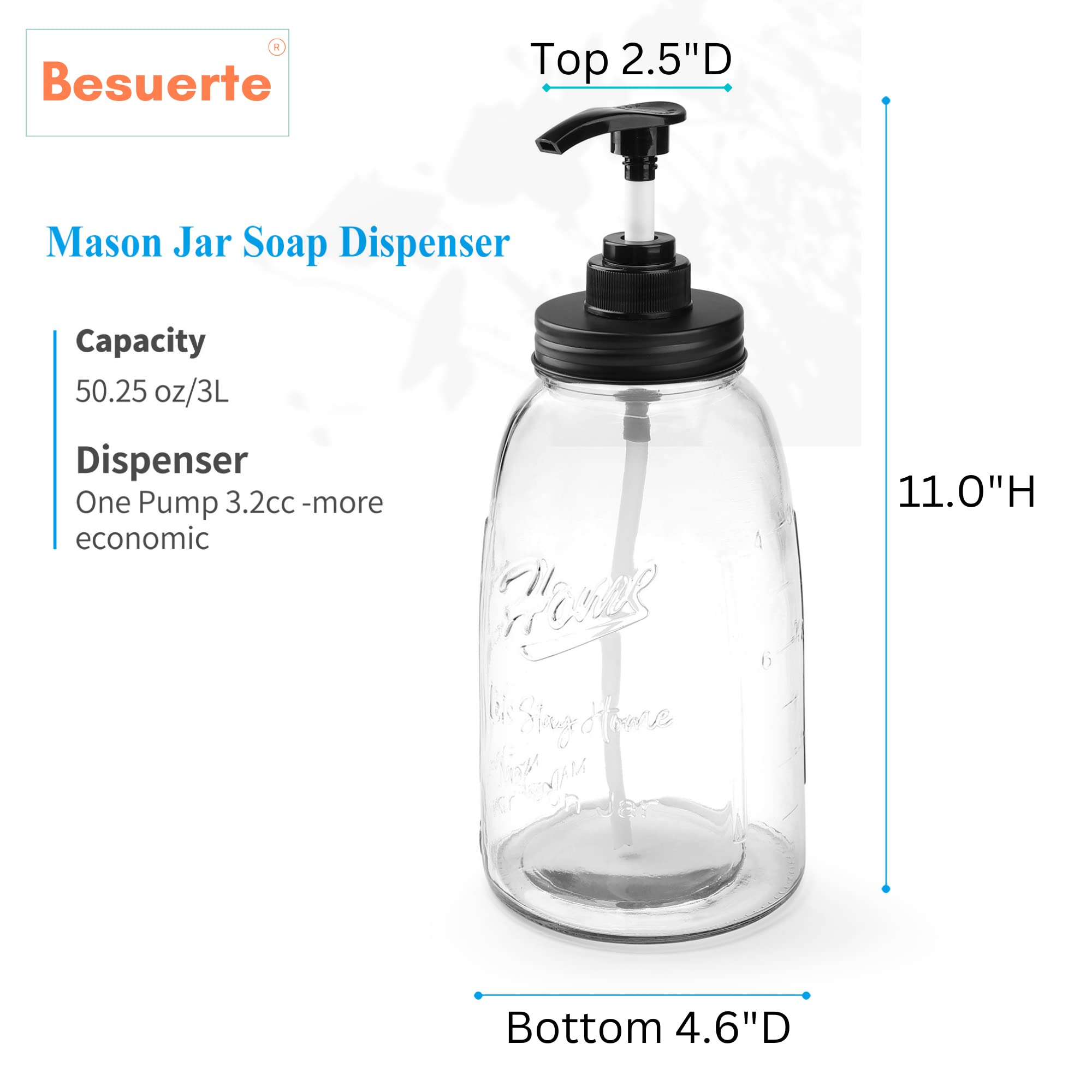 Laundry Soap Dispenser for Liquid Detergent - Besuerte Two 50oz Farmhouse Style Mason Jar Refillable & Reusable Laundry Detergent Dispenser with Pump for Detergent, Softener, Bleach, Soap