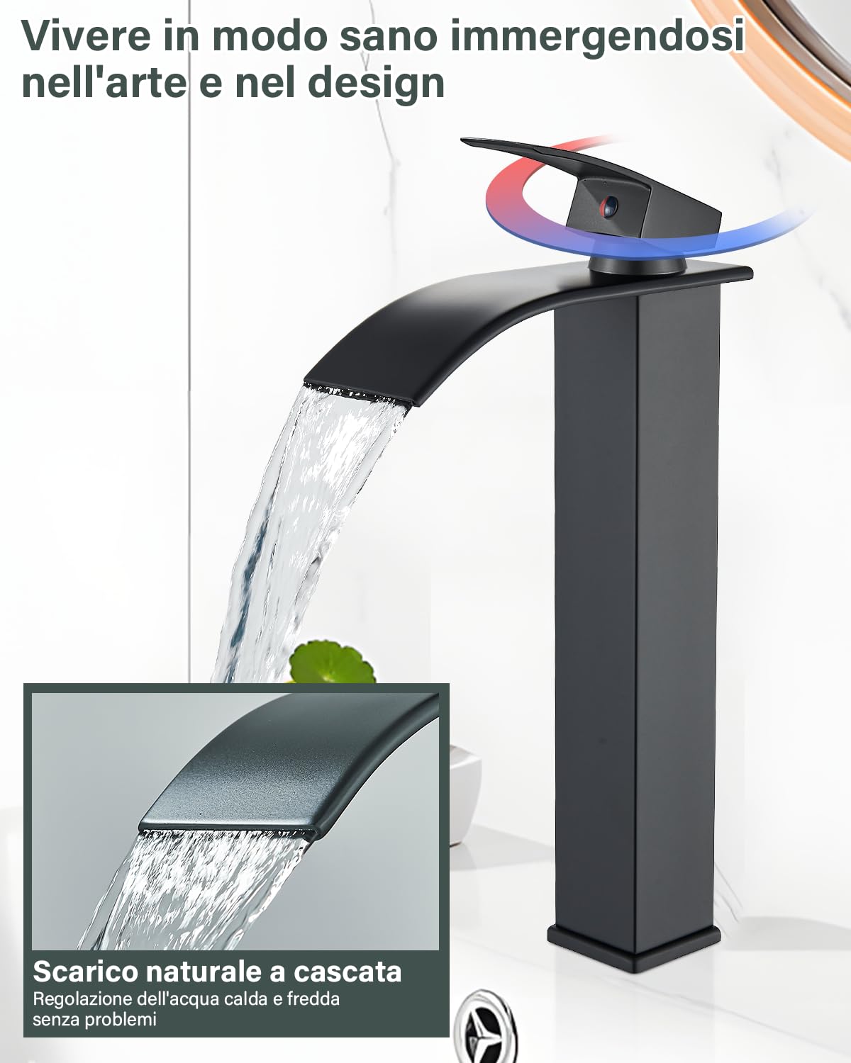 JUNSHENG Miscelatore per Lavabo, Miscelatore per Acqua Calda e Fredda per Bagno, Miscelatore per Lavabo Nero, Miscelatore per Bagno a Una Maniglia