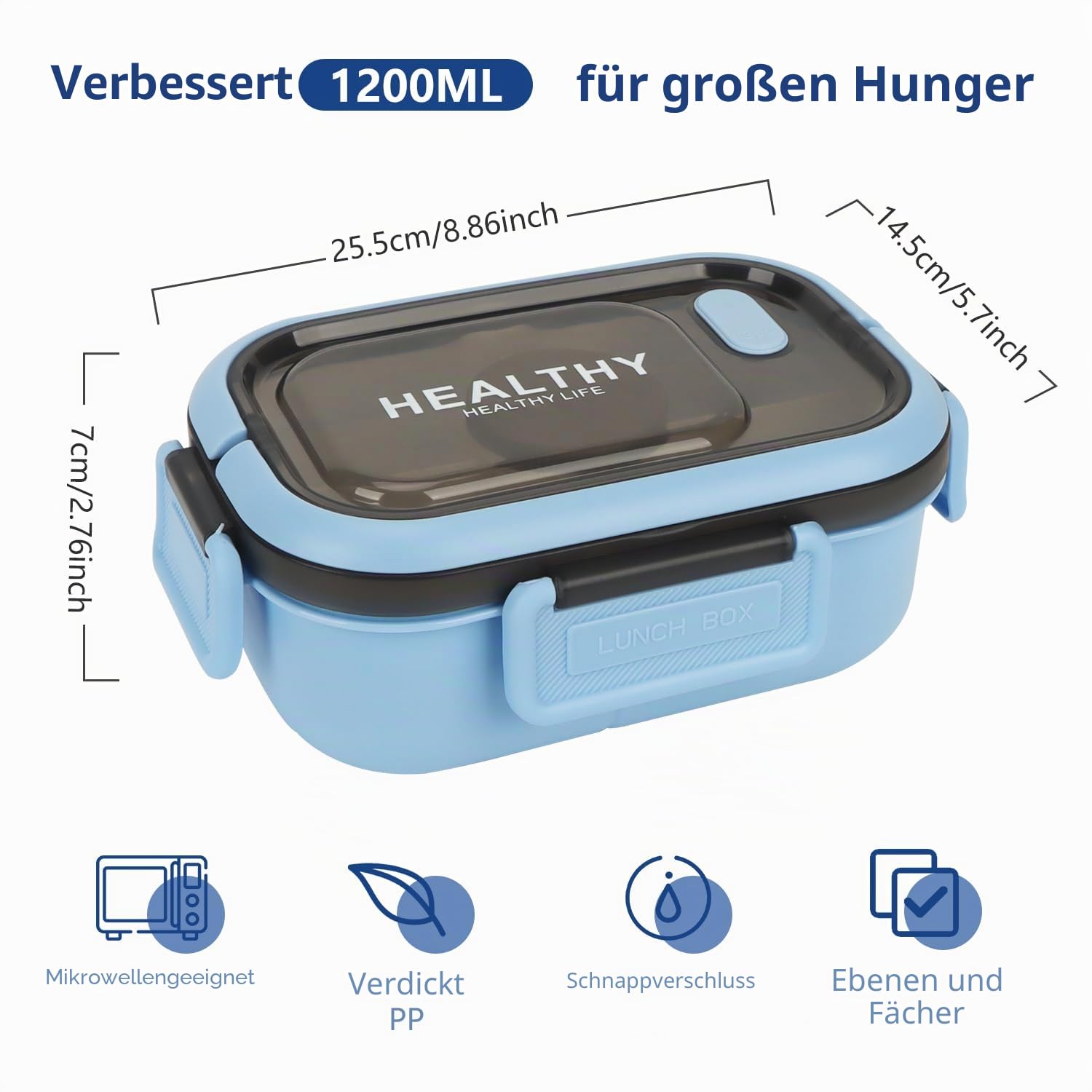 OWill Lunchbox,brotdose mit fächern 1200ml,lunchbox erwachsene mit griff,bento box mit soßentopf und Besteckset,lunchbox kinder,jausenbox erwachsene kinder,mikrowellen und spülmaschinenfest,Blau