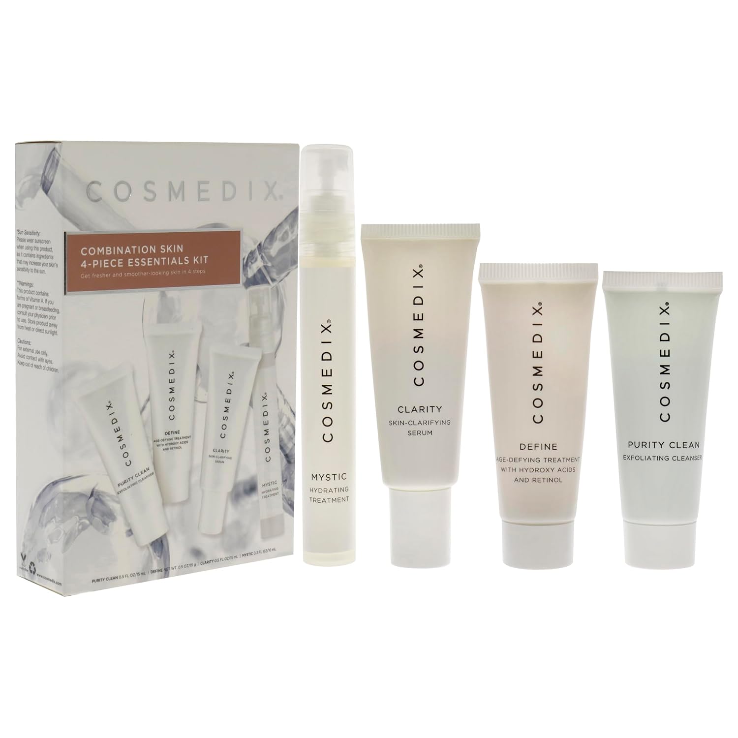COSMEDIX Starter Kit | Four-Piece Travel Size Kit | Features Bestselling Skin Solutions | Includes Gentle Face Cleanser, Skin Treatment Serum, Exfoliator & Moisturizer, All Skin Types, Cruelty Free