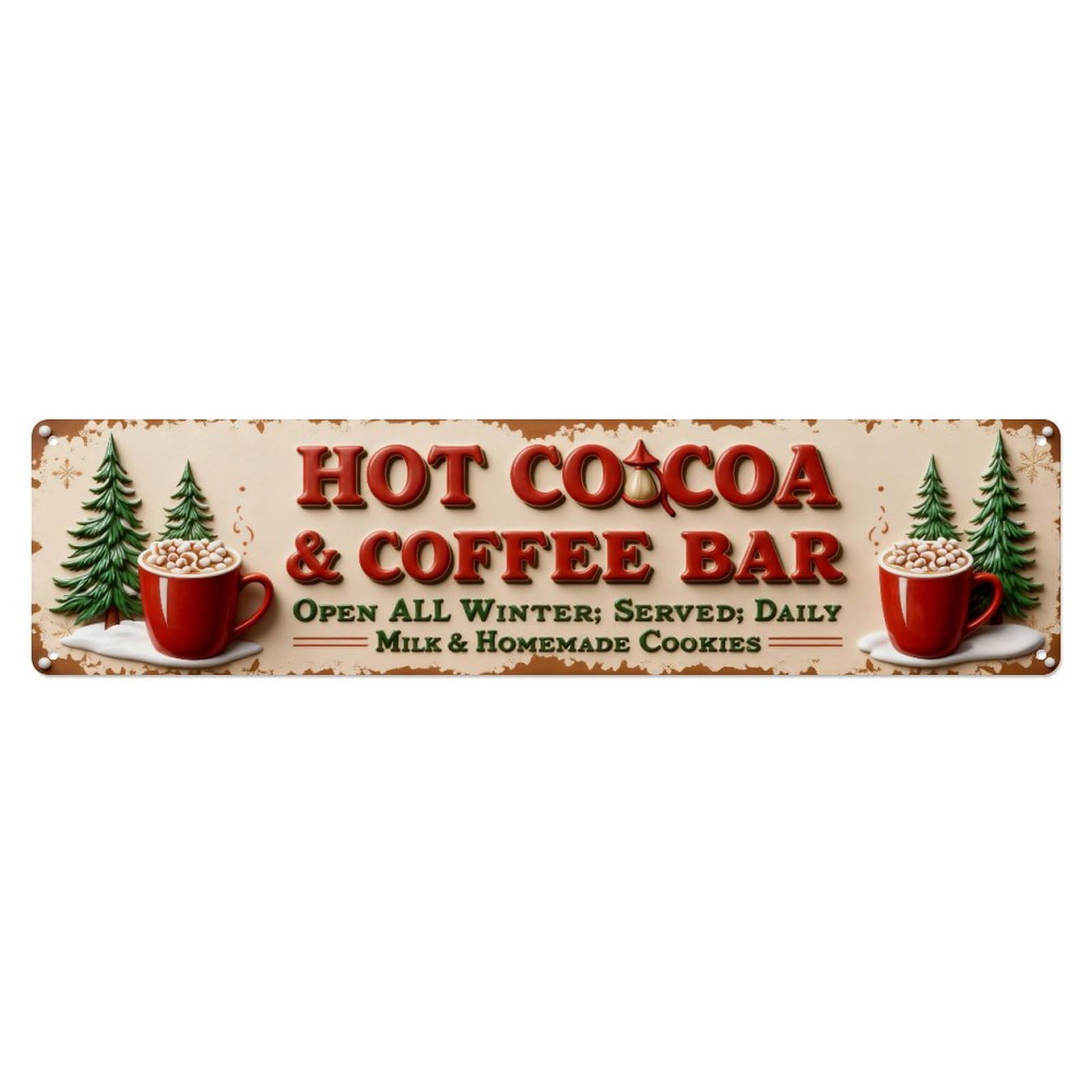 Hot Cocoa Coffee Bar Winter Trees Metal Tin Sign Plaque