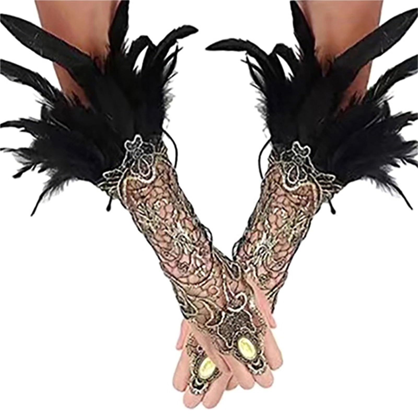 Guanto di piume Gotico in pizzo dorato lungo a rete senza dita | Guanti senza dita sexy for feste da donna, rete esagerata