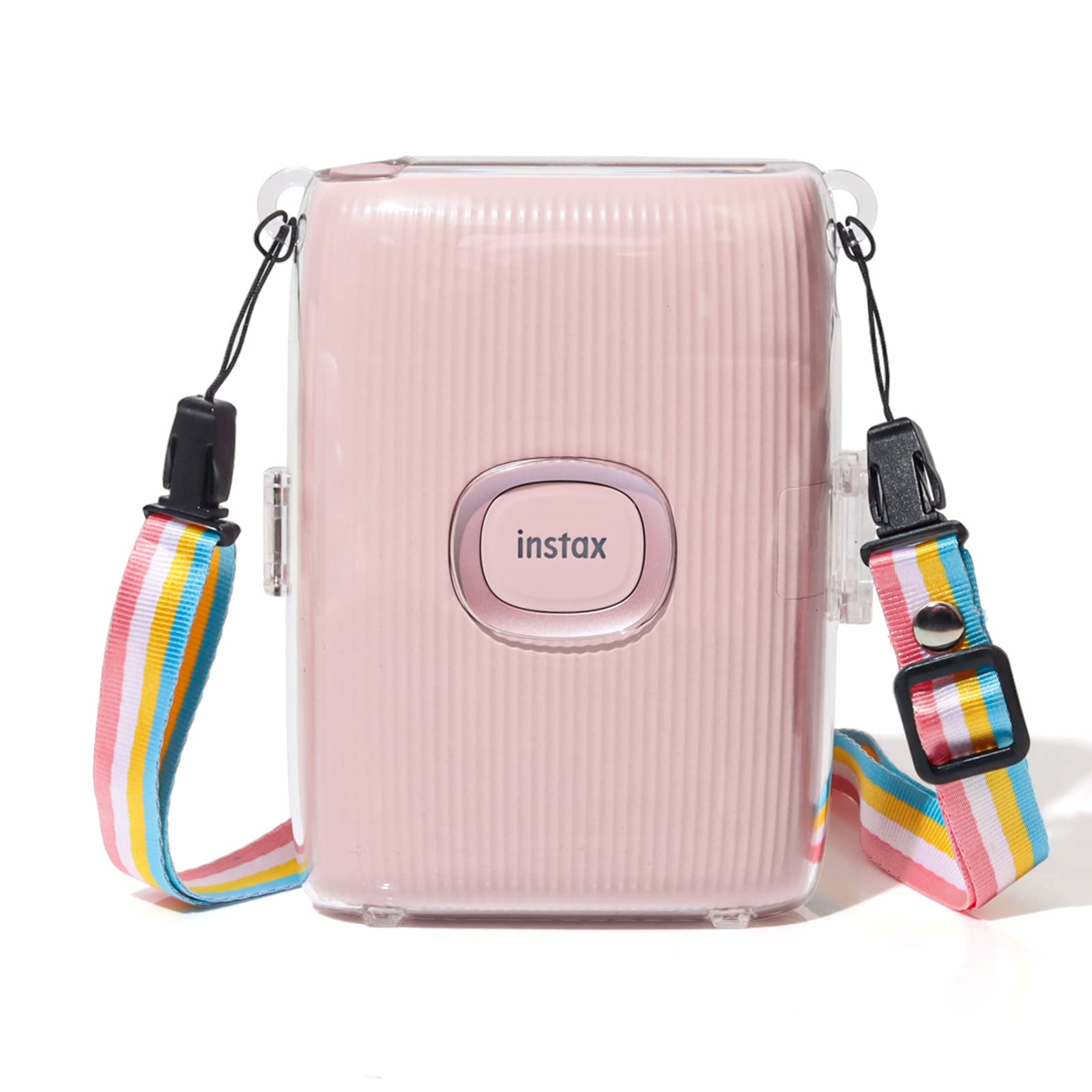 MUZIRI KINOKOOFuji Mini Link 2 Case, Protective Case Compatible for Fuji Instax Link 2 Smartphone Printer Clear Case Cover - Hard PVC Case with Rainbow Shoulder Strap - Transparent