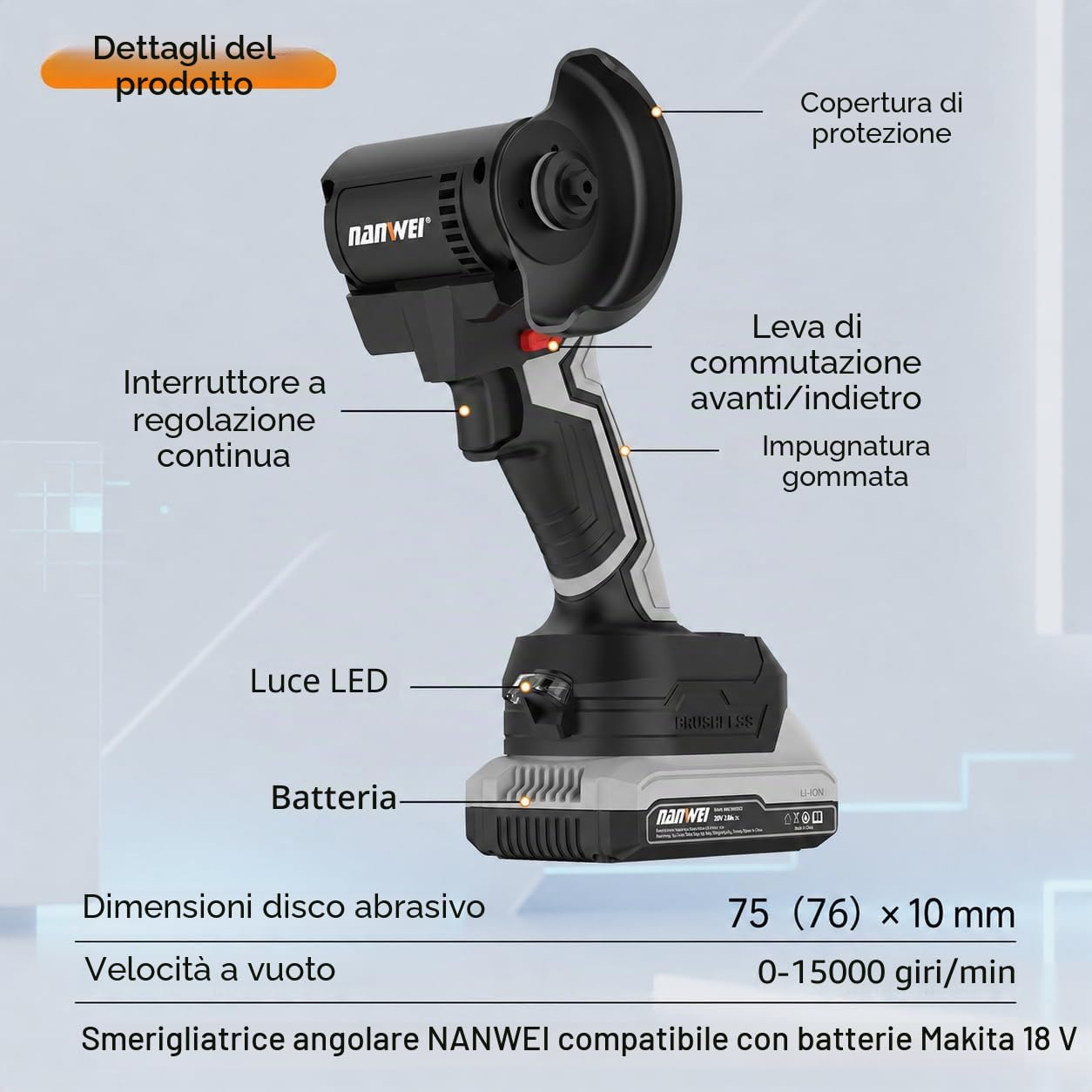 NANWEI 3-pollici smerigliatrice angolare a batteria per accumulatore Makita 18 V, 76 mm smerigliatrice compatta e leggera, 0–15.000 giri/min per dischi da taglio, dischi lamellari per taglio e