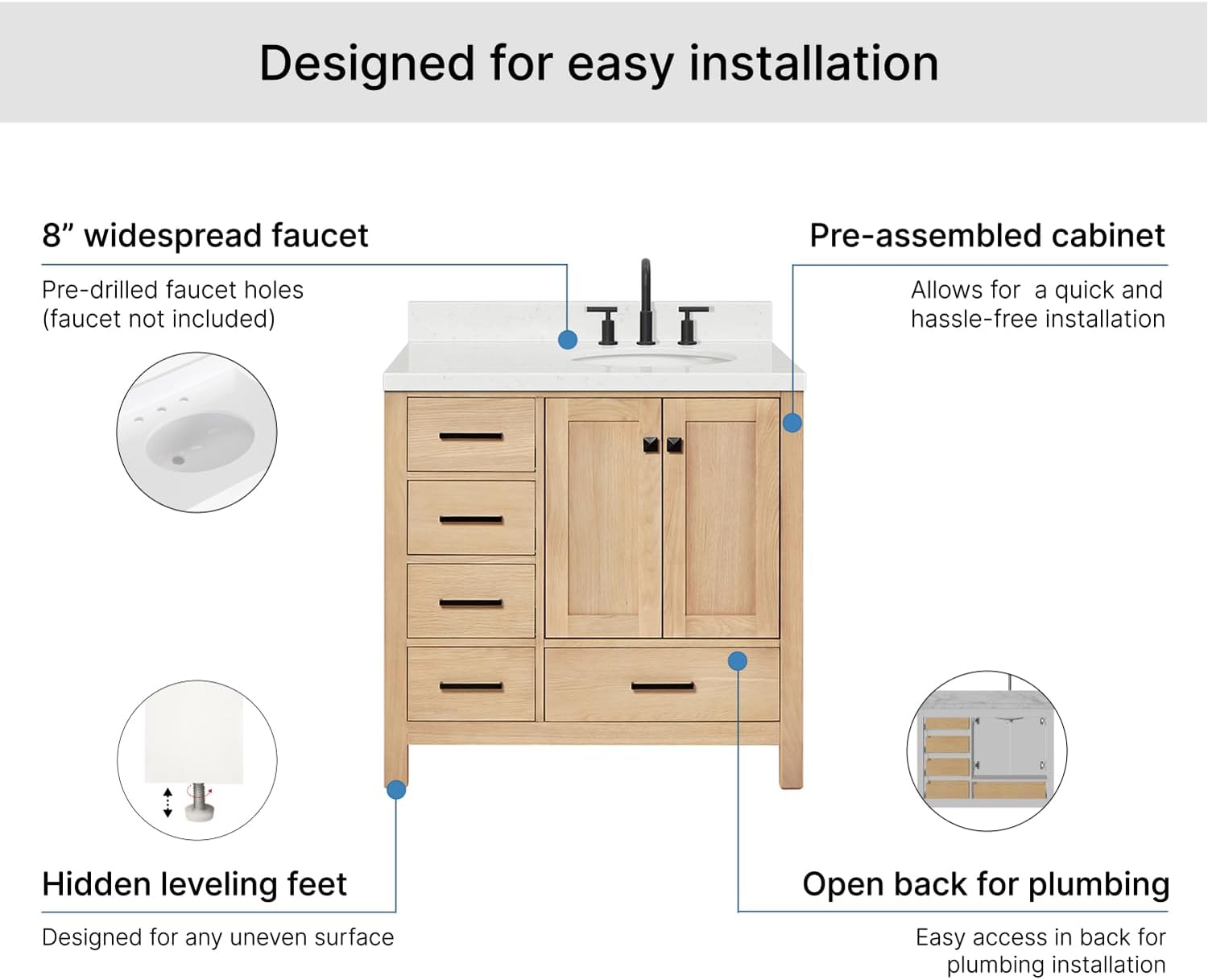 ARIEL Cambridge 36-inch Bathroom Vanity with Sink,Solid Wood, 1.5-inch Carrara White Quartz Countertop & Backsplash, Single Oval Porcelain Sink, 2 Soft Closing Doors, 5 Dovetail Drawers, White Oak