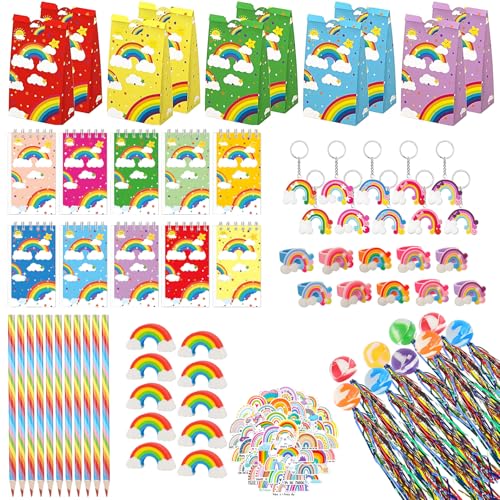 Regenbogen Party Mitgebsel, 120 Stück Regenbogen Deko kindergeburtstag mit Regenbogenstift, Radiergummi, Rainbow Gift Bag, Rainbow Themenparty Accessoires, Regenbogen Deko Kindergeburtstag Mitgebsel