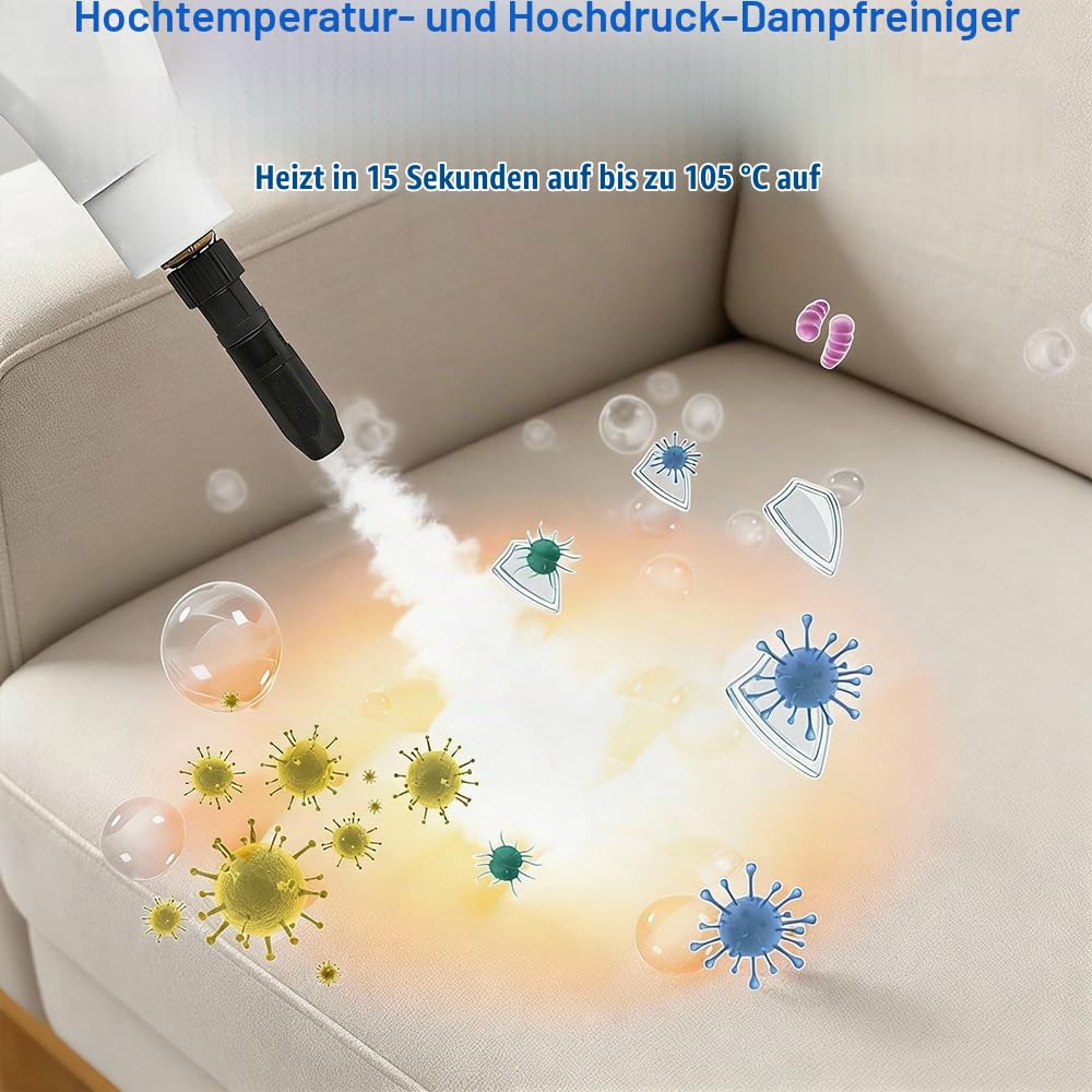 Tragbarer Dampfreiniger, 2500W Dampfreiniger Handgerät, Handdampfreiniger mit 1100ML Wassertank und 3 Bürstenköpfen, Hochdruck Dampfreiniger für Küche, Badezimmer, Auto, Teppiche (Weiß)