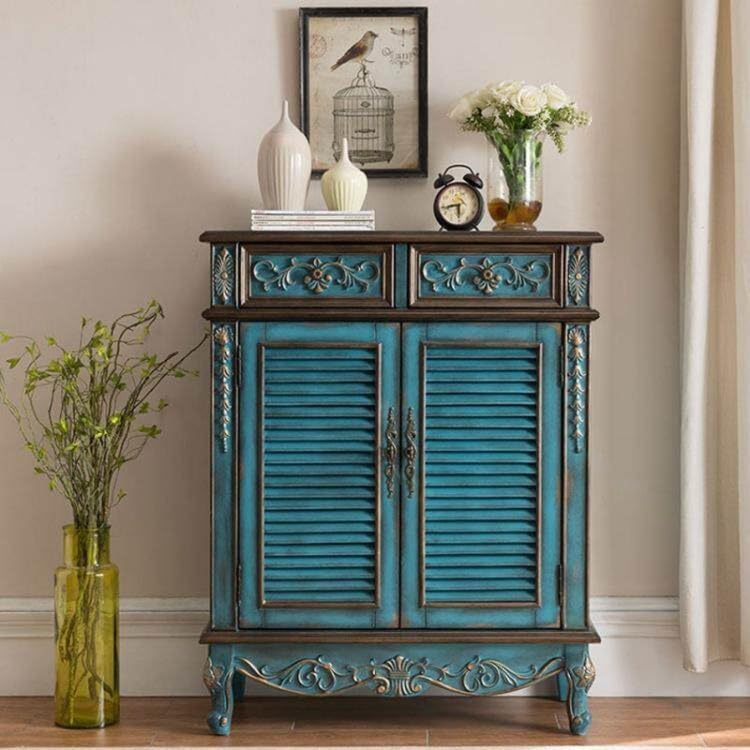 Solid Wood 2-Door Louvered Storage Cabinet with Drawers, Vintage Blue Sideboard, Rustic Entryway Shoe Cabinet with Ventilated Doors for Hallway Living Room