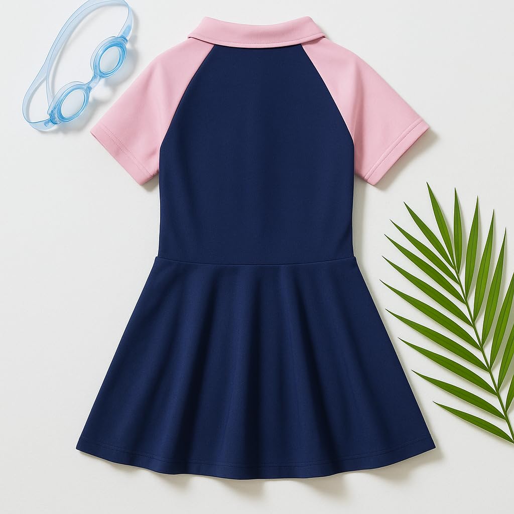 Bubble Berry Girls' Two-Piece Swim Dress with Matching Cap | Swimming Costume with Front Zipper (in, Age, 7 Years, 8 Years, Regular, Navy) - Image 4 thumbnail