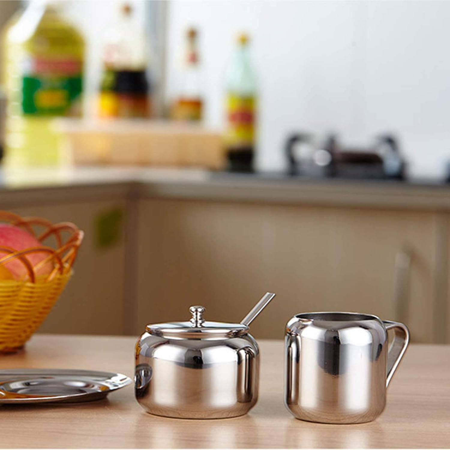 Stainless Steel Sugar Bowl Milk and Sugar Set Small Sugar Bowl with Spoon Tray and Sugar Spoon for Home Kitchen Hotel and Coffee Silver