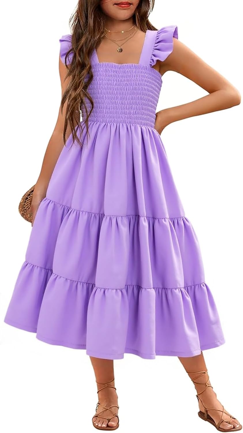RETSUGO Girls Dresses Summer Flutter Sleeve Swing Casual Solid Color Tiered Smocked Dress 6-14 Years Old