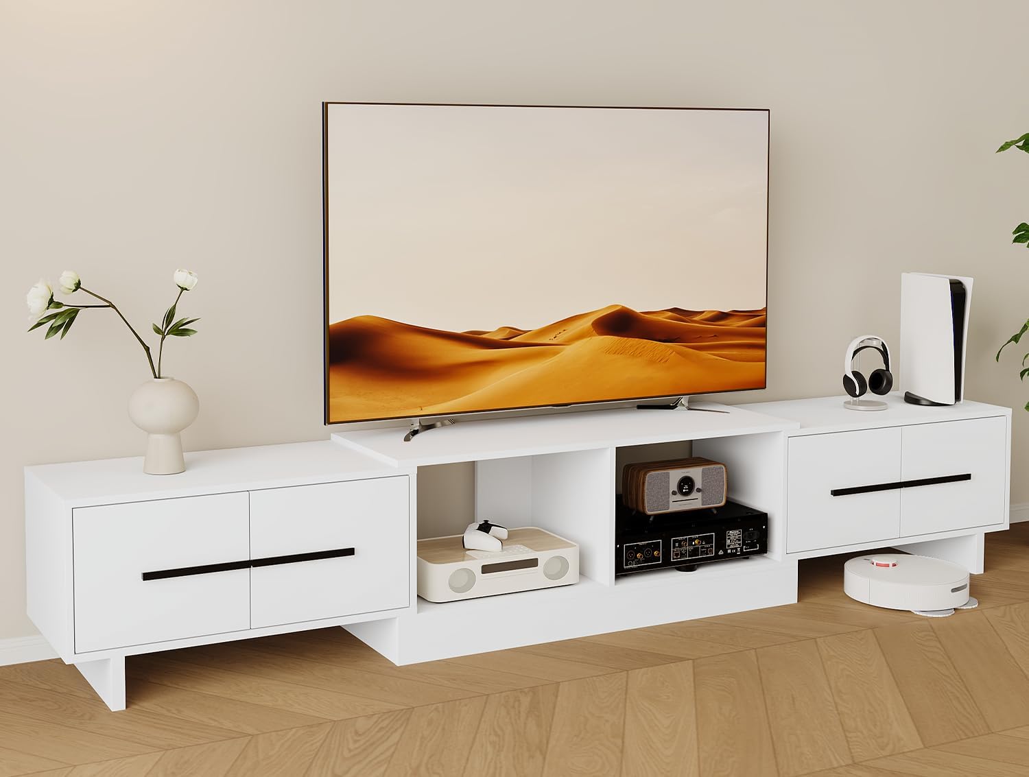 Extendable TV Stand, Modern Media Console for Up to 100 Inch TV, 67"-90" Extendable Entertainment Center with 2 Large Cabinets & Open Shelves, TV Cabinet for Living Room-White