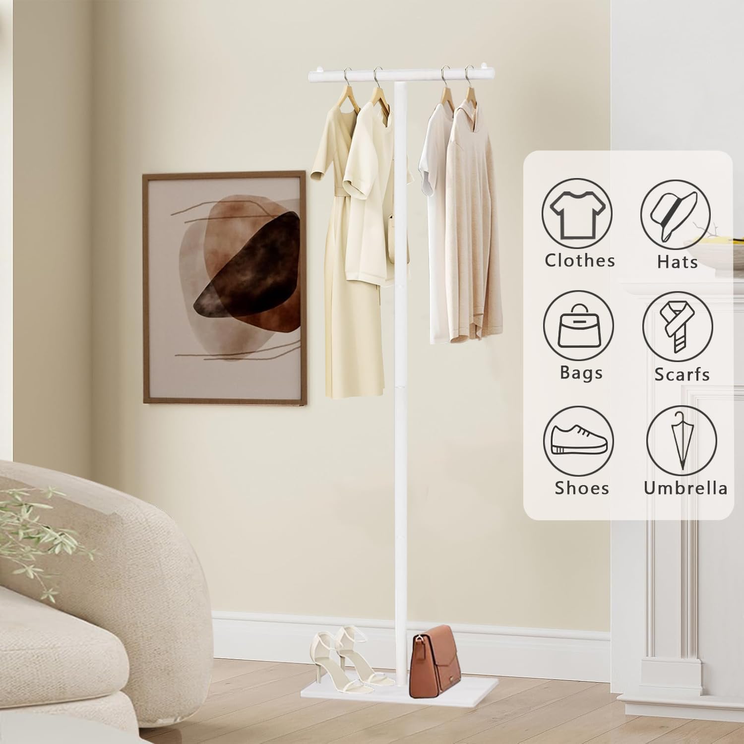 T-Shaped Metal Rack Stand, Modern Clothes Rack With Rock Slab Base,68.8 Inch Freestanding Clothing Rack Stand,Suitable For Boutiques, Entryway, Bedroom, Living Room, Hallway, (White, 68.8inch)