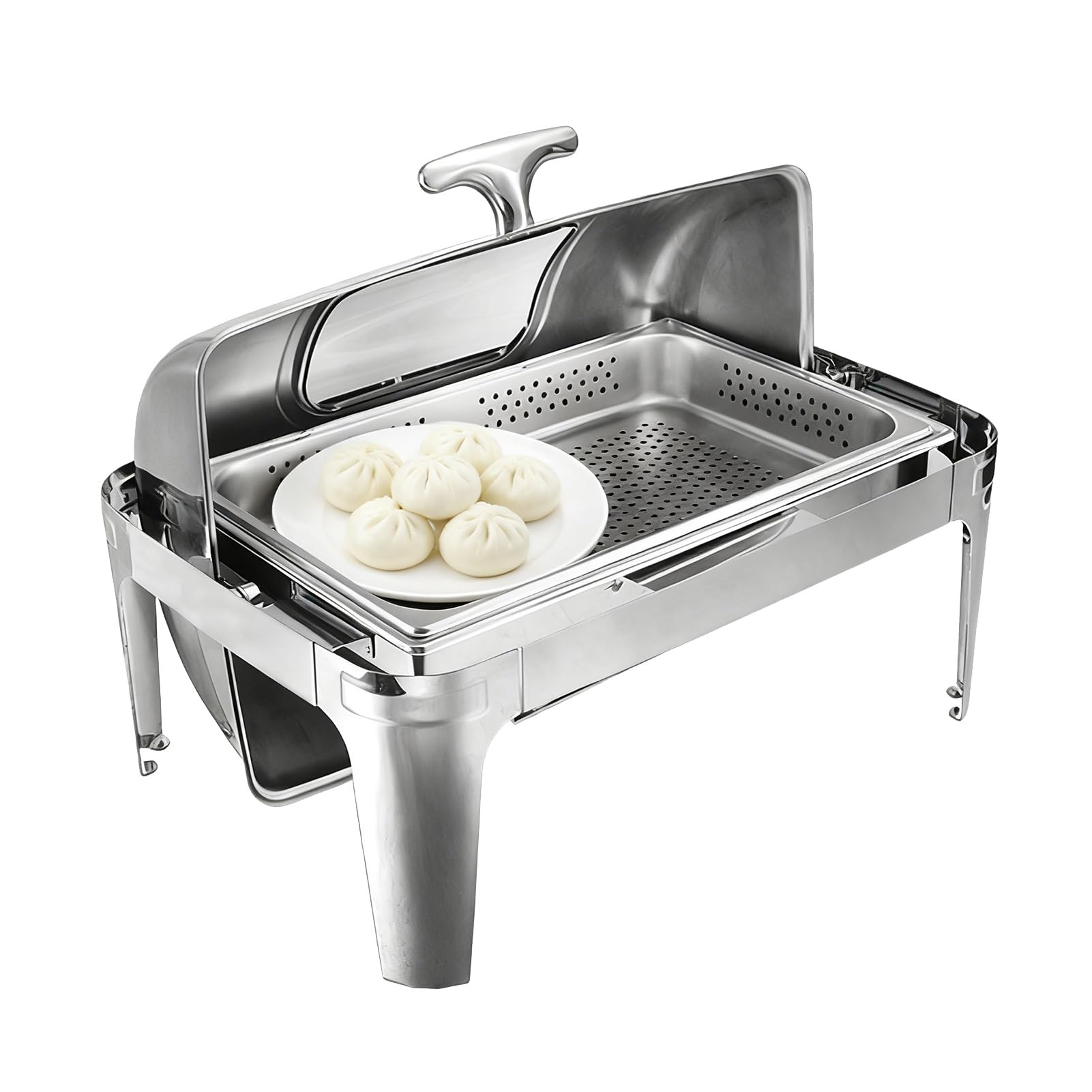 Set da buffet per scaldavivande, vassoio espositivo per alimenti con coperchio a rullo, scaldavivande in acciaio inossidabile per feste, contenitore da banco per hotel e matrimoni (argento-B, 6,5 cm/