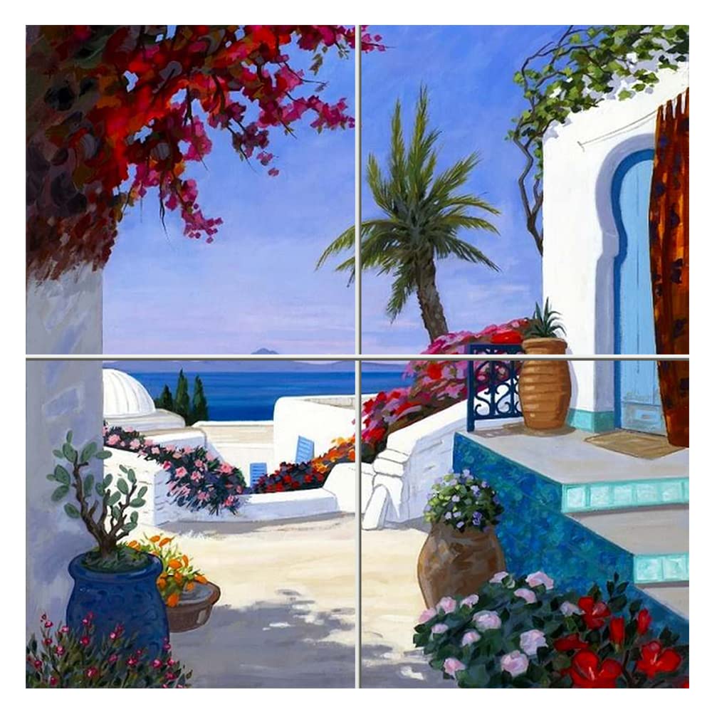 Quadro Mosaico di 4 mattonella in Ceramica di cm. 15x15 con Stampa Paesaggio 2 nello Stile Mediterraneo Misura Mosaico cm. 30x30