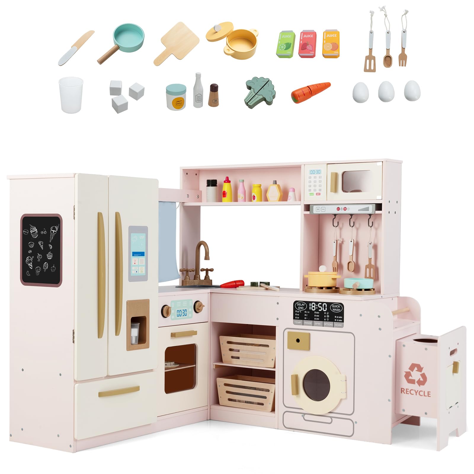 COSTWAY Kids Play Kitchen, Wooden Corner Pretend Kitchen with Lights & Sounds, Fridge, Ice Maker, Trash Can, 22 Accessories, Children's Chef Role Play Set for Boys Girls (Pink)