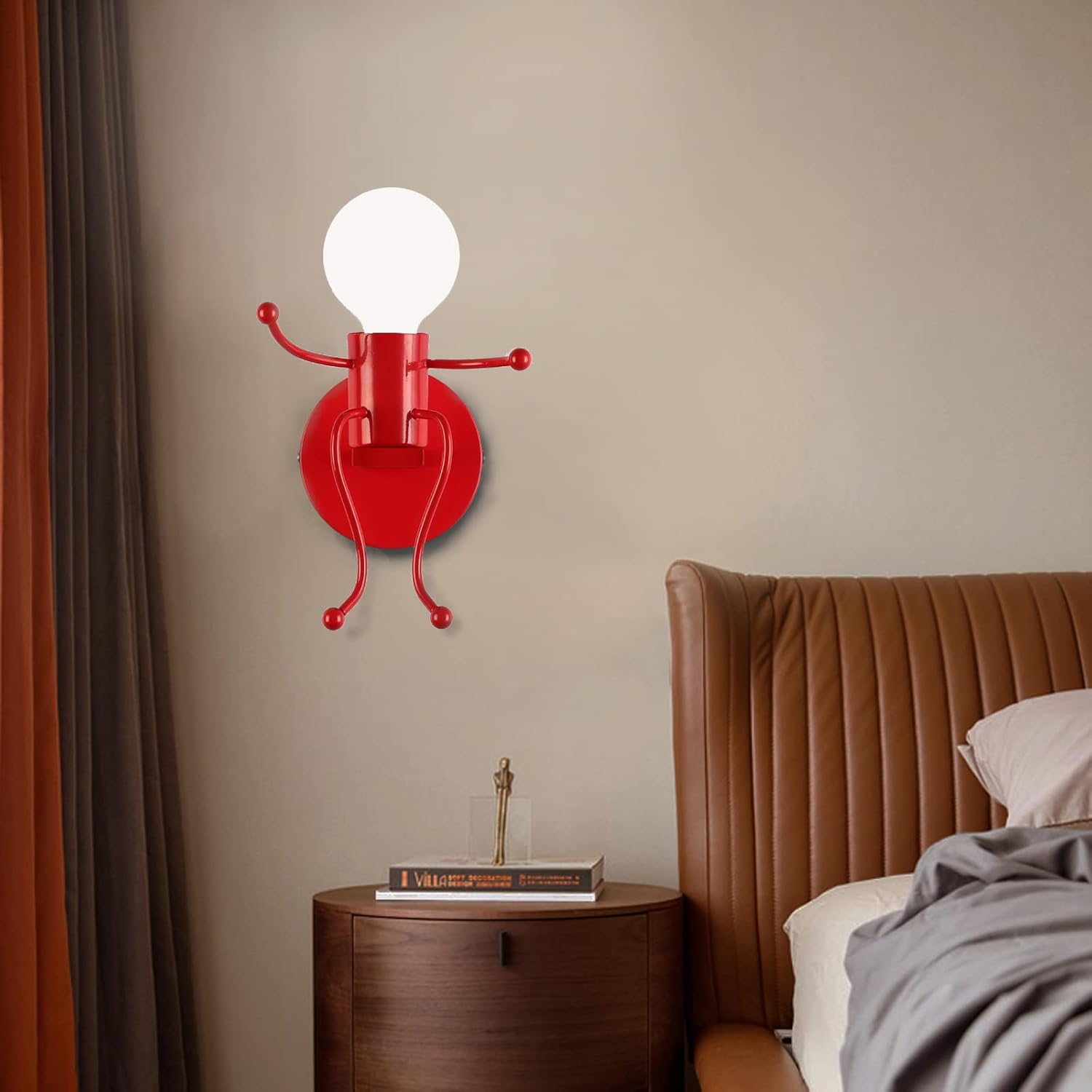 Mini Wall Light Fixture Baking Paint Creative Little People Wall Lamps Bedroom Decoration Metal Bedside Lamp Modern Children Cartoon Doll Wall Sconces Gift LED Lighting Indoor E26 Base (Red)