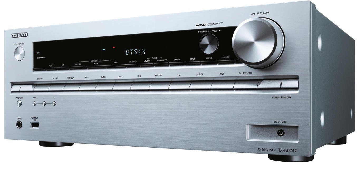 Onkyo TX-NR747 (S) 7.2 canaux Réseau récepteur de cinéma maison (THX Select2 Plus, DTS: X compatible Dolby Atmos, 175 Watt, HDCP2.2 / 4k / 60Hz, WiFi, Bluetooth, AirPlay, services de musique, DLNA) argent