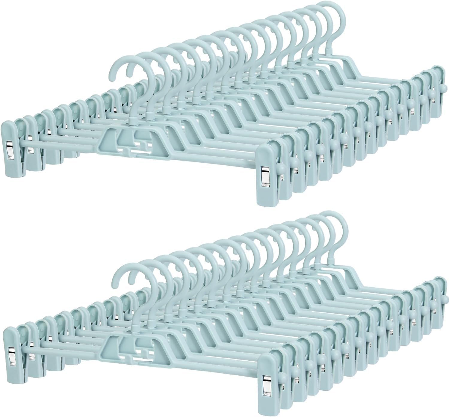 POZEAN - Paquete de 30 perchas para pantalones con clips, perchas de plástico apilables para faldas, perchas para ropa con clips giratorios y