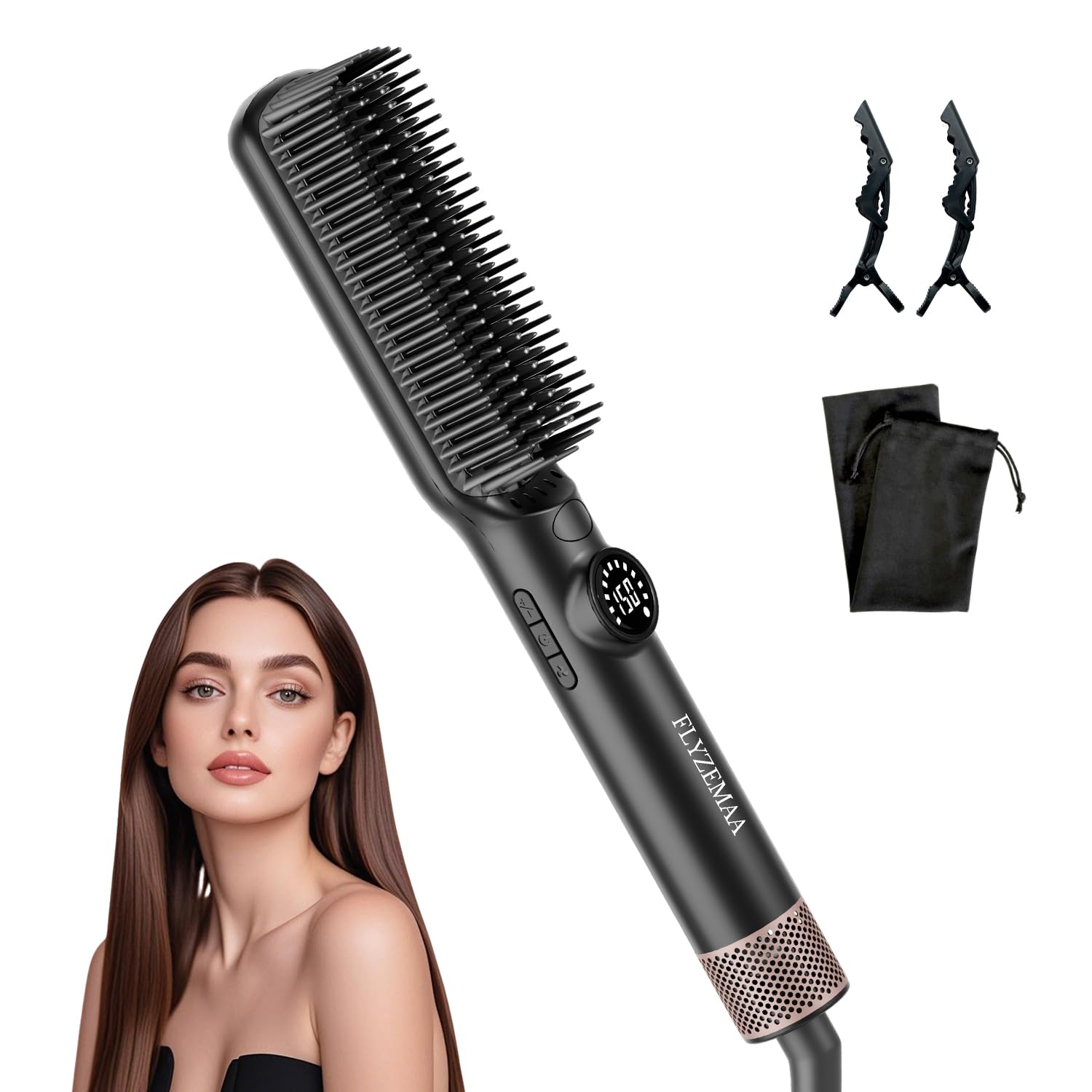 Brosse lissante pour cheveux, Chauffage Uniforme de La Céramique pour Lisseur cheveux, Plaques Aluminium Anti-Brûlure, 7 Température réglable (100-230°C), Pour Tous Types de Cheveux, Prise UE, Noir