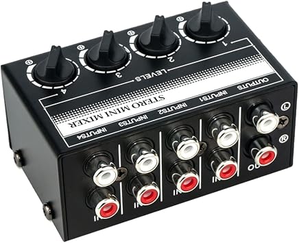 4 قناة ستيريو Audio Mixer Support RCA Input and Output Mini Passive Stereo Mixer مع عناصر تحكم منفصلة في مستوى الصوت   