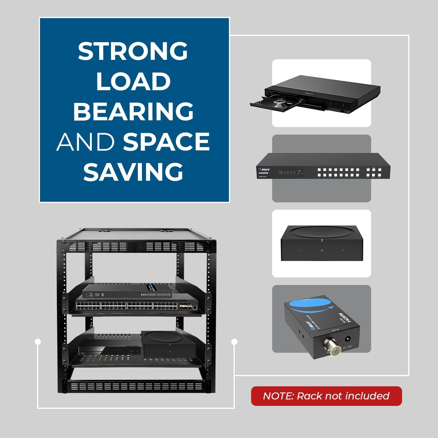 OREI 2U Rack Shelf 19" Universal Vented Mount Rack (2-Pack) – Heavy-Duty Steel Server Rack Shelf for IT, Network & AV Equipment, 22kg Capacity, EIA-310C Compliant