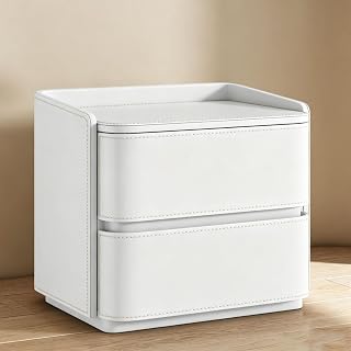 Modern Leather Nightstand with 2 Drawers Narrow Bedside Table Side Desk | Modern Leather Nightstand with 2 Drawers Narrow Upholstered Bedside Table Small End Side Desk for Bedroom Space