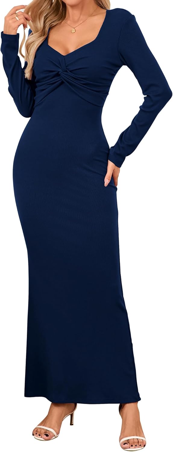 Bodycon Maxi Dress for Women Formal Long Sleeve Square Neck Twist Front Ribbed Fitted Wedding Guest Cocktail Dresses