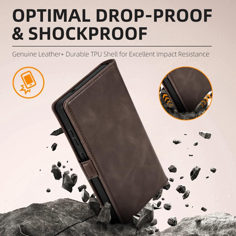 Premium Leather Wallet Phone Case Compatible with Samsung Galaxy S25 Ultra 5G (6.9”) Case Leather for Men Women with Card Holder Magnetic Clasp Kickstand (Brown)